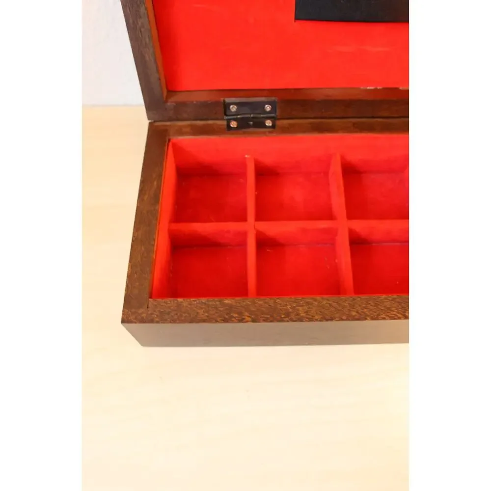 Vintage Nautical Wood Valet Jewelry Box Brass Ship Wheel Inlay Red Felt Lining